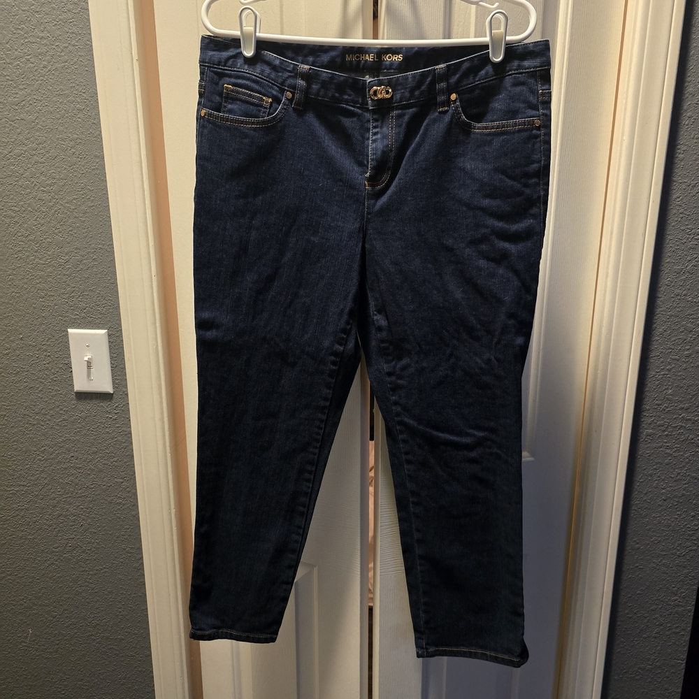 Michael Kors blue stretch denim ankle-zip jeans.